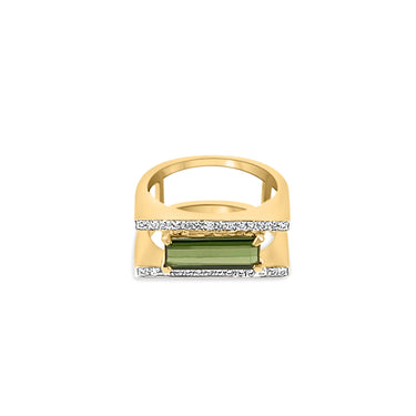 18k gold geometric ring with baguette green tourmaline and diamond accents.