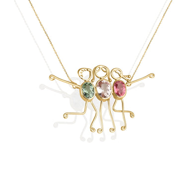 Gold family necklace with colorful tourmaline gemstones, symbolizing love and protection.