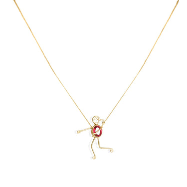 Handmade 18k gold MIRA necklace with a 0.33ct ruby character pendant, symbolizing love.