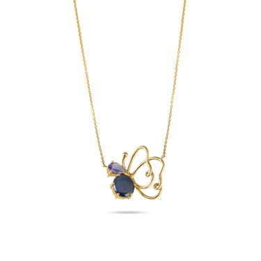 LUMINUS WINGS NECKLACE with blue sapphire and tanzanite gemstones in 18k gold, butterfly design.