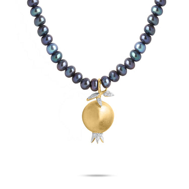 Pomegranate pendant Tahiti pearl necklace with diamonds and 18K gold.