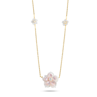 Mother of pearl flower necklace with diamonds and 18K gold chain.