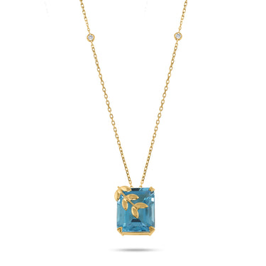 LEAVES MOTIF NECKLACE with blue topaz, white diamonds, and 18K gold.