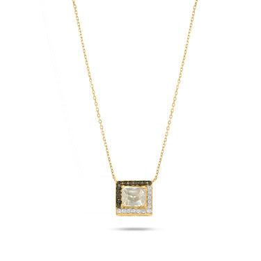 18k gold GEOMUSE necklace with L-shaped morganite, white and black diamonds.