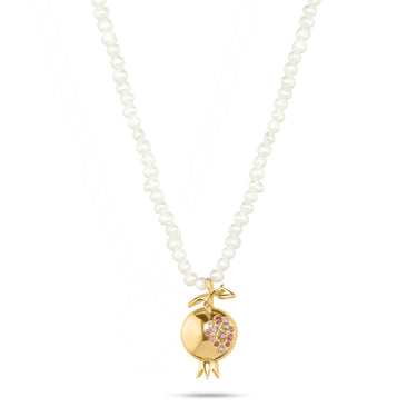 Pomegranate pendant necklace with 18K gold, pink sapphire, and pearl chain.