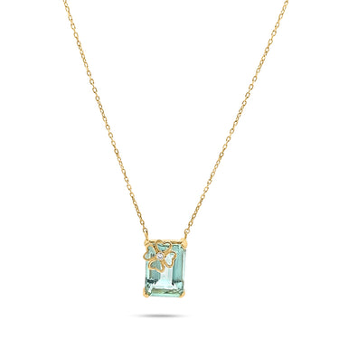 GEOMUSE FLOWER NECKLACE in 18k gold with aquamarine and diamond accents.