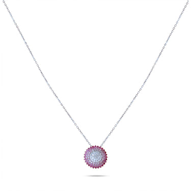18k gold GEOMUSE NECKLACE with pink sapphires and diamond pendant.