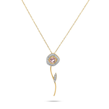 DESERT ROSE FLOWER necklace with rose quartz and diamonds on an 18K gold chain.