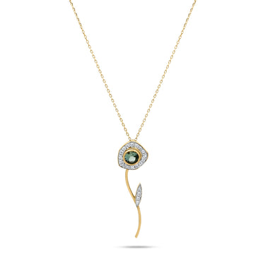 Desert rose flower pendant with green tourmaline and diamonds in 18K gold.