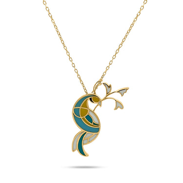 18k gold peacock pendant with green enamel, symbolizing beauty and elegance.