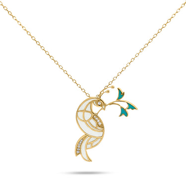18k gold peacock pendant with white enamel and diamonds.