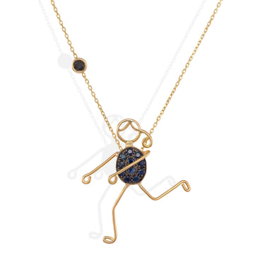 Handmade 18k gold necklace with blue sapphire and black diamond accents.