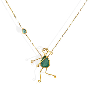 Handmade 18k gold necklace with a pear-shaped emerald, symbolizing mother-child bond.