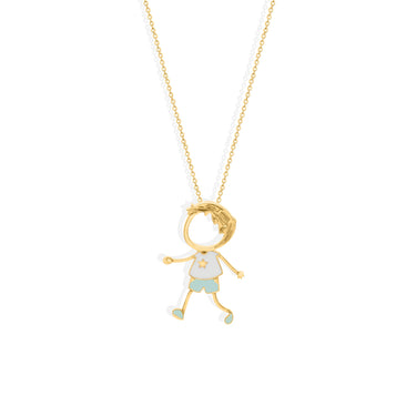 Gold jewelry charm featuring a boy figure in 18k gold, symbolizing a mother's bond with her son.