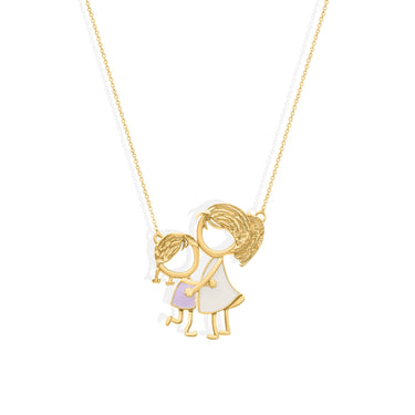 Gold mother and daughter charm necklace by PARIS & LISA, 18k gold and enamel.