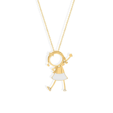 Gold jewelry pendant featuring a charming girl with a raised hand, crafted in 18k gold and enamel.
