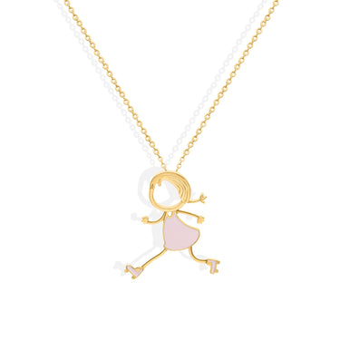 Gold jewelry necklace featuring a girl with roller skates, crafted in 18k gold with enamel detailing.