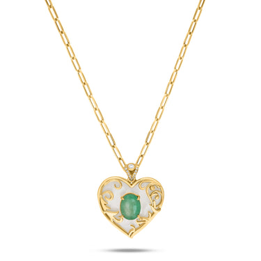 ELIXIR HEART pendant with emerald, diamonds, and mother of pearl on 18k gold chain.