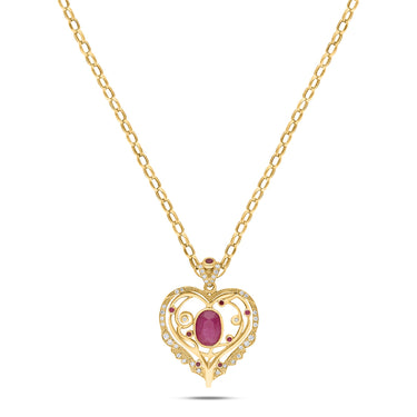 ELIXIR HEART gold necklace with ruby and diamond accents.