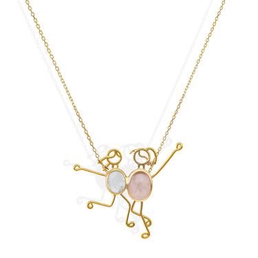 LISA & ZOE handmade 18k gold necklace with aquamarine and rose quartz.