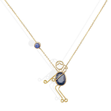 Handmade 18k gold necklace with blue sapphire character design, symbolizing love and strength.