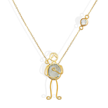 18k gold necklace with aquamarine character piece, symbolizing love and tranquility.