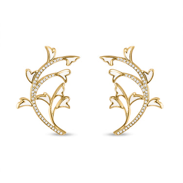 18k gold peacock earrings with diamonds and white enamel.
