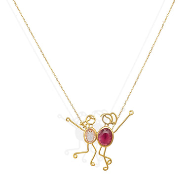 Handmade 18k gold necklace with pink tourmaline and morganite, symbolizing mother-child bond, PEGGY & RASHIDA.