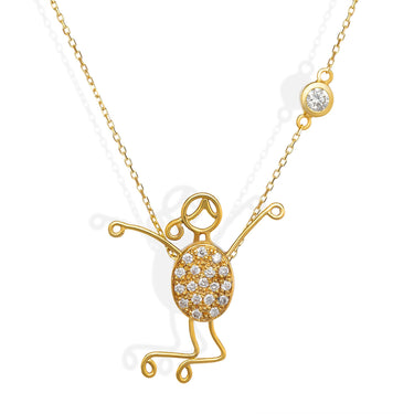 18k gold necklace with sparkling diamonds and unique character design.