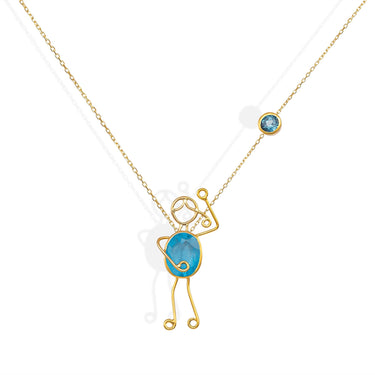 Handmade 18k gold necklace with blue topaz character design symbolizing love.