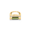 18k gold geometric ring with baguette green tourmaline and diamond accents.