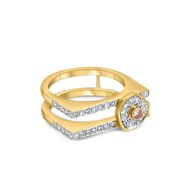Elegant gold desert rose ring with pink sapphire and diamonds.