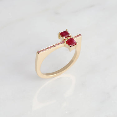 18k gold geometric ring with square cut ruby and ruby accents, GEOMUSE RING.