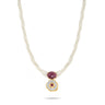 Elegant pearl necklace with desert rose pendant, featuring star rubies and diamonds, made with 18K gold.
