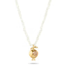 Pomegranate pendant necklace with 18K gold, pink sapphire, and pearl chain.
