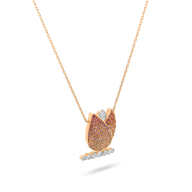 TULIP NECKLACE in rose gold with pink sapphire and diamond accents.
