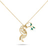 18k gold peacock pendant with white enamel and diamonds.