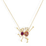 Handmade 18k gold necklace featuring two characters with sapphire and ruby, representing wisdom and love.