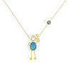 Handmade 18k gold necklace with blue topaz character design symbolizing love.